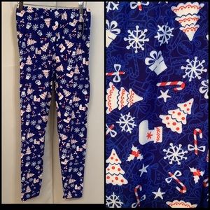 Leggings Women’s Size 2-10 Elastic Waistband Blue Christmas Pattern